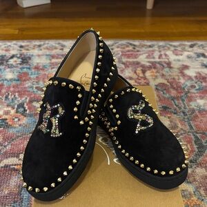 Christian Louboutin Special Order Black Studded Loafers with Gold Spikes
